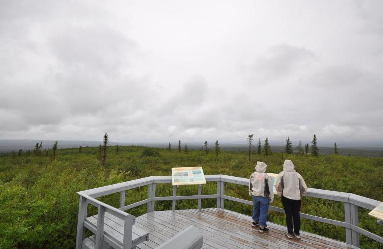 Tetlit Gwinjik Lookout visitors reading interpretative material
